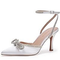 Women's Rhinestone Bow Heels Sparkly Wedding Closed Pointed Toe High Sexy Satin Stiletto Ankle Strap Pumps Bridal Dress Heeled Sandals