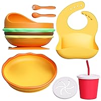 Baby Led Weaning Supplies, Silicone Feeding Set - Bowls and Plates with Suction, Toddler Spoons Fork, Cups Replaceable Lids Orange/Yellow standard
