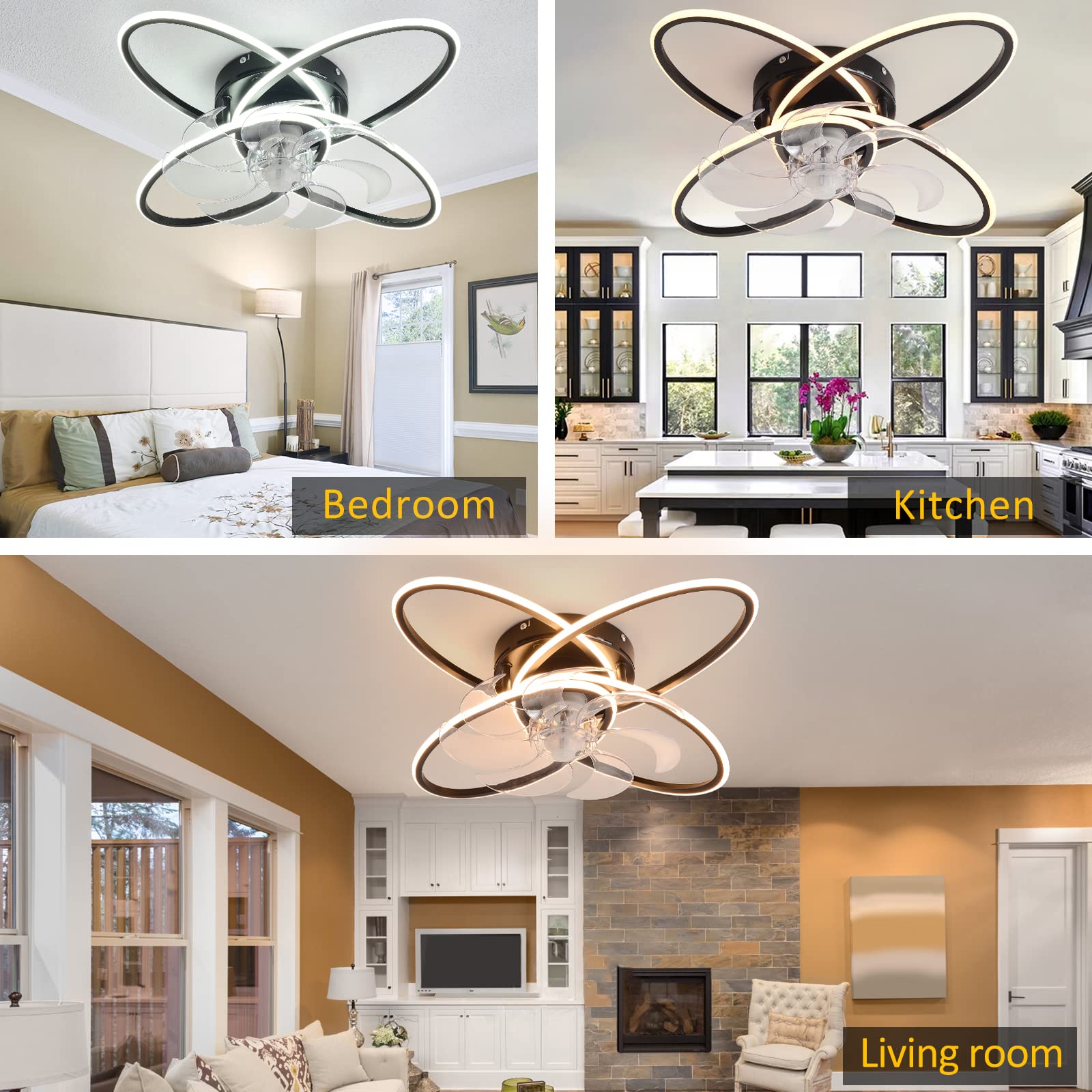 Panghuhu88 Flush Mount Bladeless Ceiling Fan with 3 Colors Dimmable Step-Less LED Light,Modern Low Profile Ceiling Fan with Remote Control 6 Speeds,Indoor Outdoor Bedroom Living Room (Black), 23.6inch