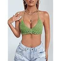 Women's Tops Women's Shirts Sexy Tops for Women Tied Backless Halter Open Knit Crop Top (Color : Lime Green, Size : Medium)