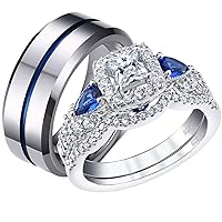 SHELOVES Wedding Rings Set for Couple Womens Cz Sterling Silver Mens Blue Tungsten Bands Him and Her