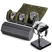 Genuine Leather Watch (Grey/Green) and Watch Stand (Black/Black/Black)