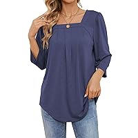 3/4 Sleeve Tops for Women Casual Shirt Pleated Square Neck Tunic Blouse Dressy Split Sleeve Loose T Shirts
