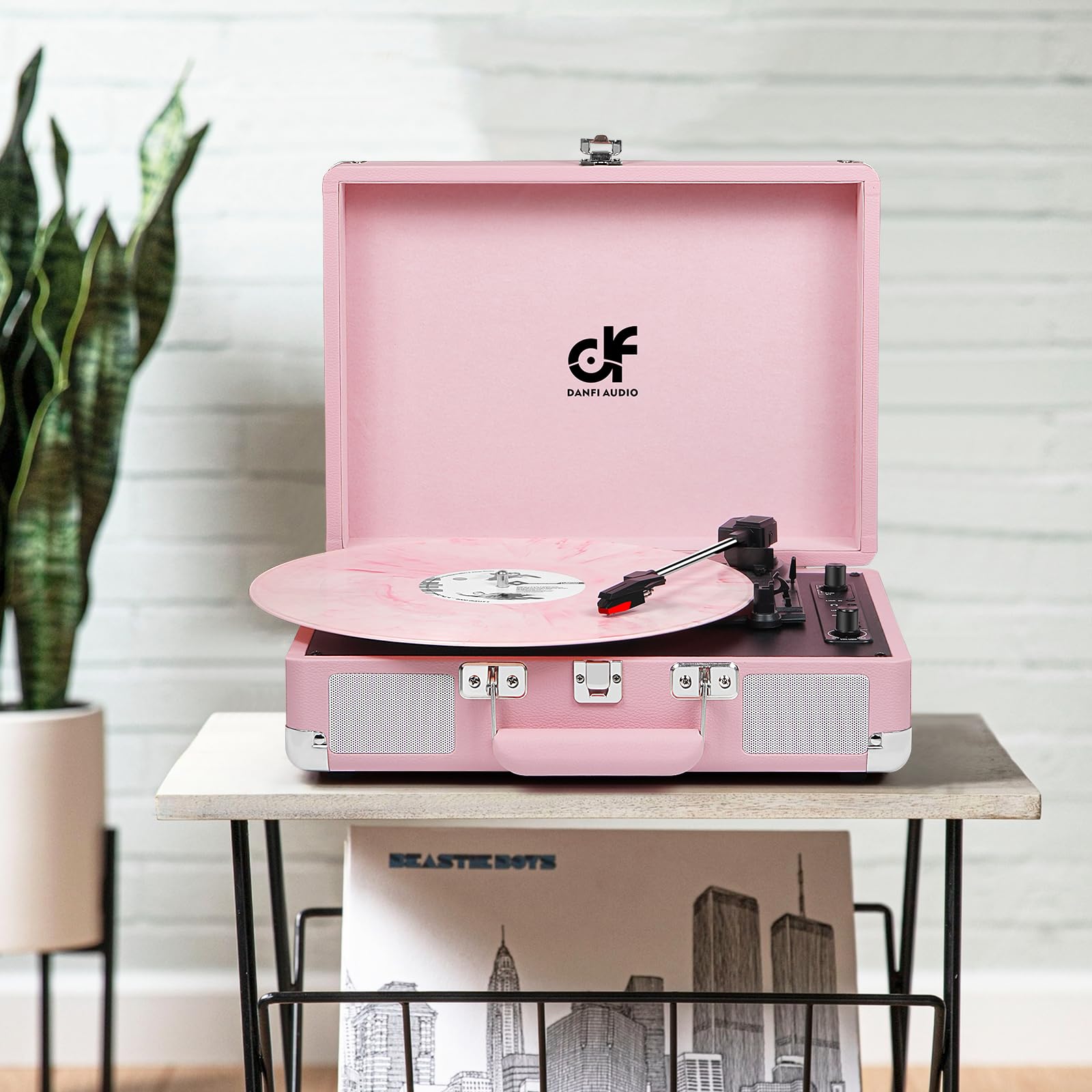 Record Player with Built-in 2 Speakers | Vintage 3-Speed Portable Bluetooth Suitcase Vinyl Player with USB Recording | MP3 Converter | RCA/AUX/Headphone Jacks | Includes Extra Stylus | Turntable Pink