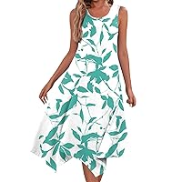 Flowy Dress for Women 2024 Summer Floral Print Casual Fashion Pretty with Sleeveless Round Neck Tunic Dresses