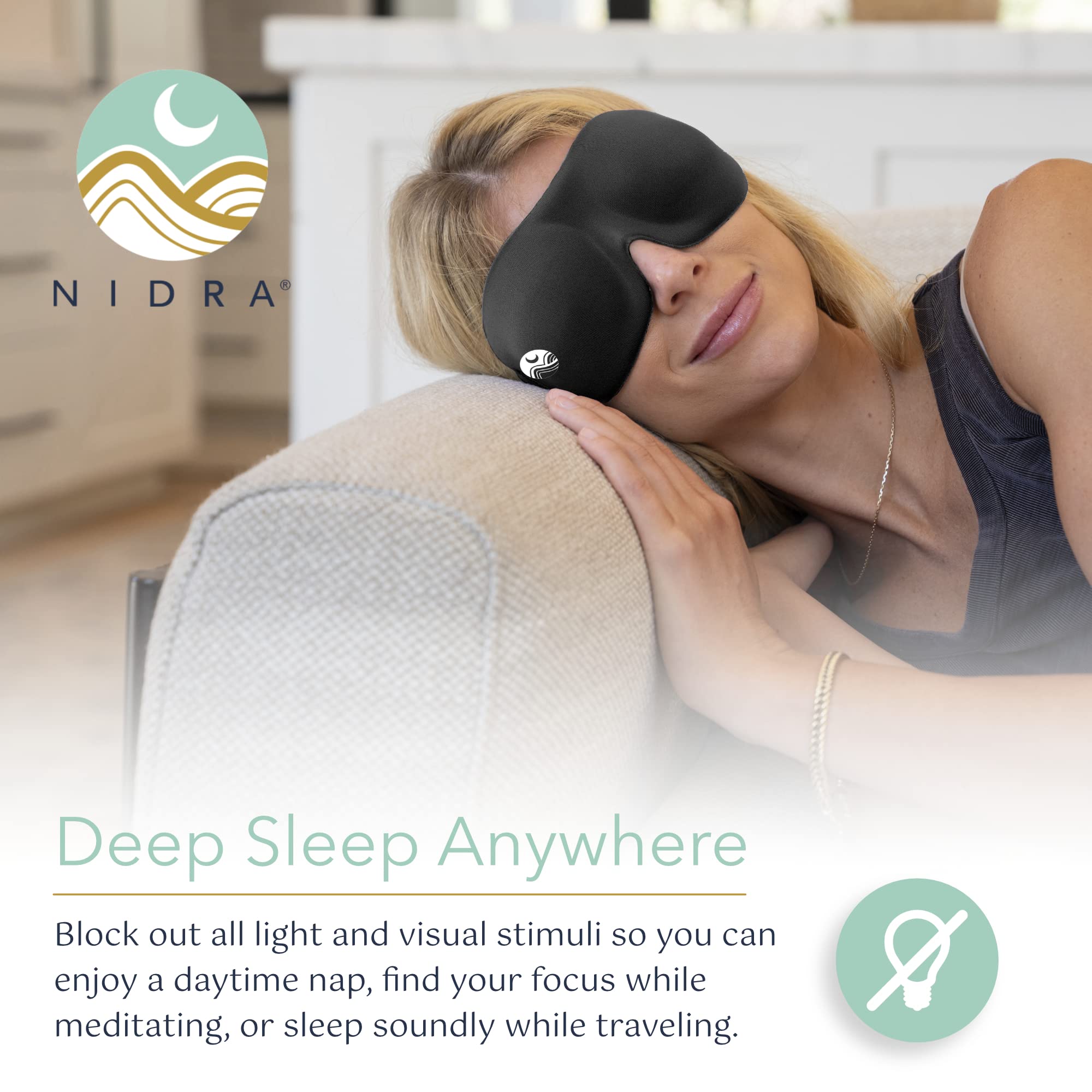 Nidra Sleep Mask Light Blocking, Deep Rest Blackout Eye Mask for Sleeping, 3D Comfort Contoured for Side Sleepers, Travel, Yoga, Lightweight and Soft - Black