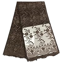 5 Yards African Lace Fabric Swiss Voile Embriodery Mesh Lace with Stones French Nigeria Net Tulle Material for Party Dress 8101LD (Coffee)