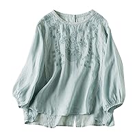 Women's Cotton Linen Button Short Sleeve Shirts Summer Loose Crew Neck Casual Boho Top Vintage Embroidered Blouse Tops