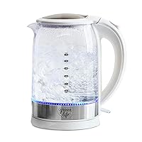 GreenLife 1.7 Liter Glass Electric Kettle, Easy One Touch Use, Quick Heating, Filtered Spout, LED Base, Auto Shut-Off, Cordless Serving, Coffee and Tea, White