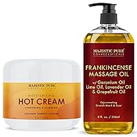 Majestic Pure Cellulite Hot Cream and Frankincense Massage Oil Bundle - Reduces The Look of Cellulite, Scars, Stretch Marks and Gets Visibly Plump Skin- for All Skin Types