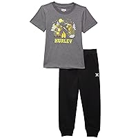 Hurley Boy's Short Sleeve Graphic Tee & Fleece Pants Set (Little Kids) Charcoal Heather 7 Little Kid
