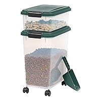 IRIS USA 3-Piece 41 Lbs / 45 Qt WeatherPro Airtight Pet Food Storage Container Combo with Scoop and Treat Box for Dog Cat and Bird Food, Keep Fresh, Translucent Body, Easy Mobility, Green