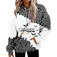 Plus Size Halloween Hoodie Color Block Sweatshirts For Women Cute Pumpkin Face Graphic Pullover Tops With Pocket