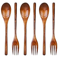 6Pcs Wooden Spoons Forks Set Wooden Spoons and Forks Cutlery Set, Reusable Wooden Utensil Set Wood Spoons Flatware Sets for Stirring Cooking Camping