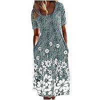 Summer Shirt Dress for Womens Short Sleeve Boho Floral Print Loose Casual Tunic Swing Beach Dresses with Pockets