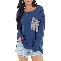 Chunoy Women Lightweight Boat Neck Long Dolman Sleeves T-Shirt Tunic Blouse Straight Hemline Leopard Print Pocket Oversized Knit Top Purple Blue X-Large