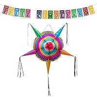 Mexican Piñata (Large 32 inches) + Feliz Cumpleanos Banner - Authentic Handmade Foldable Large Pinata - Feliz Cumpleaños Banner - Fiesta Birthday Party Decorations