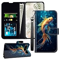 for Google Pixel 8 Pro Wallet Case with RFID Blocking Card Slot Leather Cover for Pixel 8 Pro with Wristlet Strap Kickstand Phone Case for Google Pixel 8 Pro 5G, Golden Fish