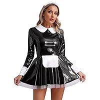Women's French Maid Dress Costume Glossy Leather Long Sleeves A-line Dress Cosplay Outfits
