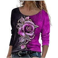 Tops for Women Fall Summer Crew Neck Gradient Floral Graphic Loose Fit Long Top T Shirt Blouse Women 2024 Y2K