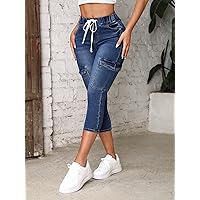 Jeans for Women- Drawstring Waist Flap Pocket Capri Jeans (Color : Dark Wash, Size : 32)