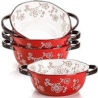 AVLA 4 Pack Ceramic Soup Bowls, 22 Ounces Porcelain Serving Bowl Set with Doundle Handle, Large Ceramic Crocks for French Onion Soup, Stew, Pasta, Cereal, Pot Pies (Red)