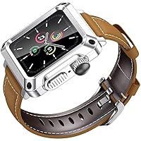 Men Women Fashion Leather Watch Band+Watch Case，For Apple Watch Series 7 6 5 4 SE 44mm 40mm，2 in 1 Drop-proof Glass Metal Case Mod Kit，For iWatch 3 2 42mm 38mm