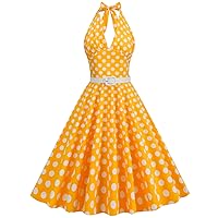 Women 50s Polka Dots Deep V Neck Retro Audrey Halter Dress Summer Sleeveless Lace-Up Backless Swing A-Line Dresses