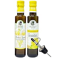 Lemon Olive Oil and Balsamic Vinegar Bundle with - (1) 8.45oz bottle Ariston Lemon Infused Olive Oil, (1) 8.45oz bottle Ariston Sicilian Lemon White Balsamic Vinegar and (1) Wyked Yummy Stainless Steel Pour Spout