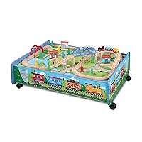62 Pc Wooden Train Set with Activity Table & Storage Bin, Wood Train Track, Over Under Bridge, Engine & Car, and Other Railway Accessories, Compatible with All Major Brands