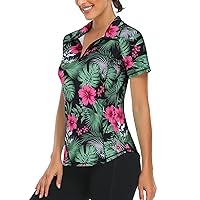 LURANEE Women's Short Sleeve Moisture Wicking Athletic Shirts Quarter Zip Pullover, Red Floral Black, XL