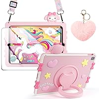 for iPad 6th Generation Cases 2018, 5th Gen 2017 iPad Air 2 iPad Pro 9.7 Inch Case for Kids Girls with Screen Protector Strap Handle Stand Keychain Silicone Full Body Protective Tablet Cover