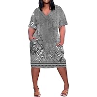 2024 Summer Plus Size Dresses for Women V Neck Short Sleeve Knee Pocket Gradient Print Casual Loose Dress
