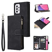 LBYZCASE for Samsung Galaxy A33 5G(2022) Case with Card Holder,Durable Luxury Magnetic Folio Flip Leather Zipper Pocket Wrist Strap Kickstand Women Men for Galaxy A33 5G Case 2022 (Black)