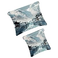2 PCS Faux Leather Makeup Bag for Purse, Small Makeup Pouch Purse, Portable Travel Makeup Bag for Women, Multifunctional Travel Storage Bag, Chinese Style Painting Mountain Lake Boat