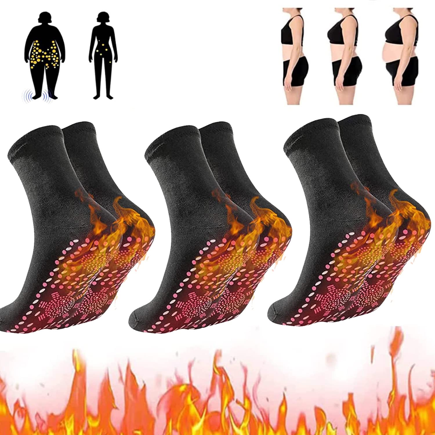 Tourmaline Thermal Circulation Self-Heating Shaping Socks, 3 Pairs Tourmaline Slimming Health Sock, Foot Massage Tourmaline Acupressure Self-Heating Shaping Socks for Men Women