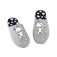 PEANUTS Snoopy Womens Slippers in Grey Marl | Ladies Snoopy & Woodstock Cartoon Footwear | Slip On House Shoes Nightwear