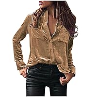 Velour Fitted Shirts Women Dressy Long Sleeve Velvet Shirt Blazer Button Down Lapel Casual Tops Slouchy Soft Blouse