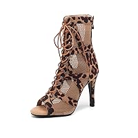 HROYL Peep Toe Lace Up Mesh Ankle Boots Sexy Dancing Boots Women Latin Ballroom Ankle Dance Shoes,DS-K100