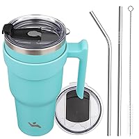 40oz Tumbler with Handle and 2 Straw 2 Lid, Insulated Water Bottle Stainless Steel Vacuum Cup Reusable Travel Mug,Turquoise