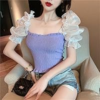 GANG 2022 Summer New Puff Sleeve mesh Stitching White Square Neck Women's T-Shirt, Slim and Fashionable Crop top (Color : Purple, Size : One Size)
