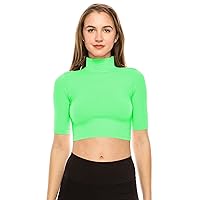 Kurve Women's Basic Crop Top – Mock Neck Elbow Length Sleeve Slim Fitted Ribbed Turtleneck Cropped T Shirt (Made in USA)