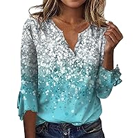 Women's Tops 3/4 Length Sleeves Fashion Top Casual V-Neck Printed Blouses Bell Sleeve T Shirt Tees, S-3XL