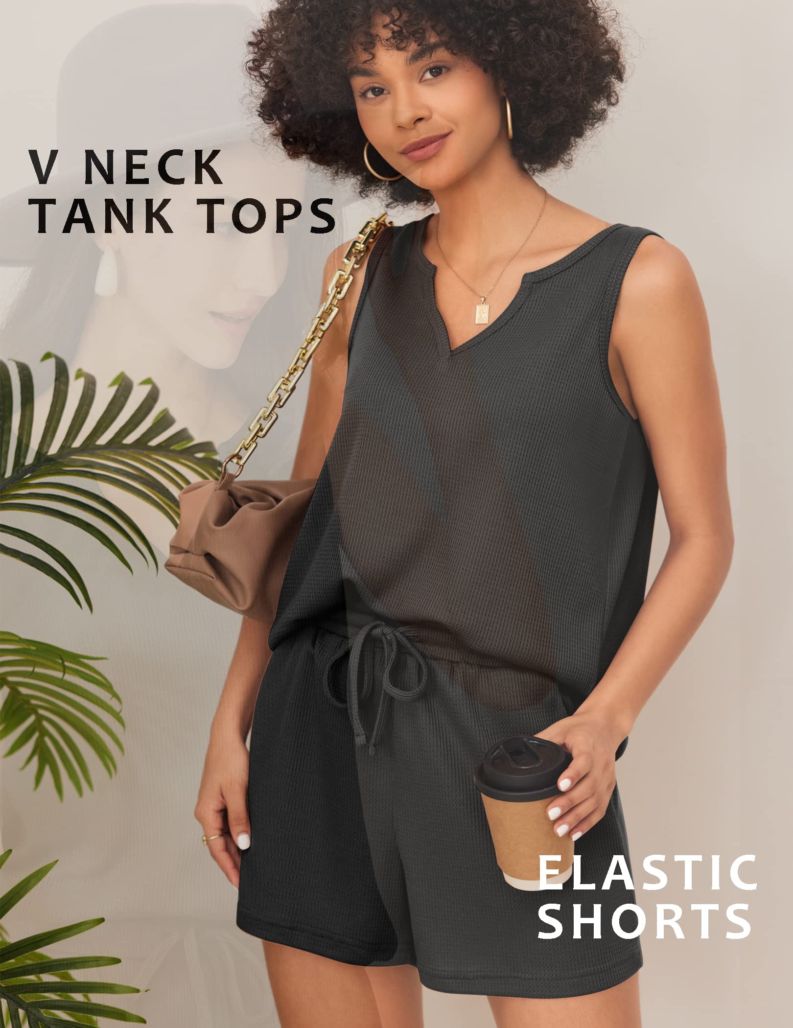 Ekouaer Pajamas Tank Top Lounge Sets Waffle Knit V Neck Sleeveless Outfits Sets Sleepwear Loungewear for Women