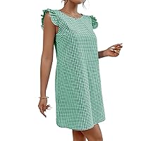Dresses for Women 2024 Round Neck Backless Gingham Fake Button Cap Sleeve Tunic Dress Casual