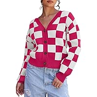 MEROKEETY Women's Cropped Cardigan Sweater Plaid Long Sleeve Button V Neck Open Front Knit Outerwear