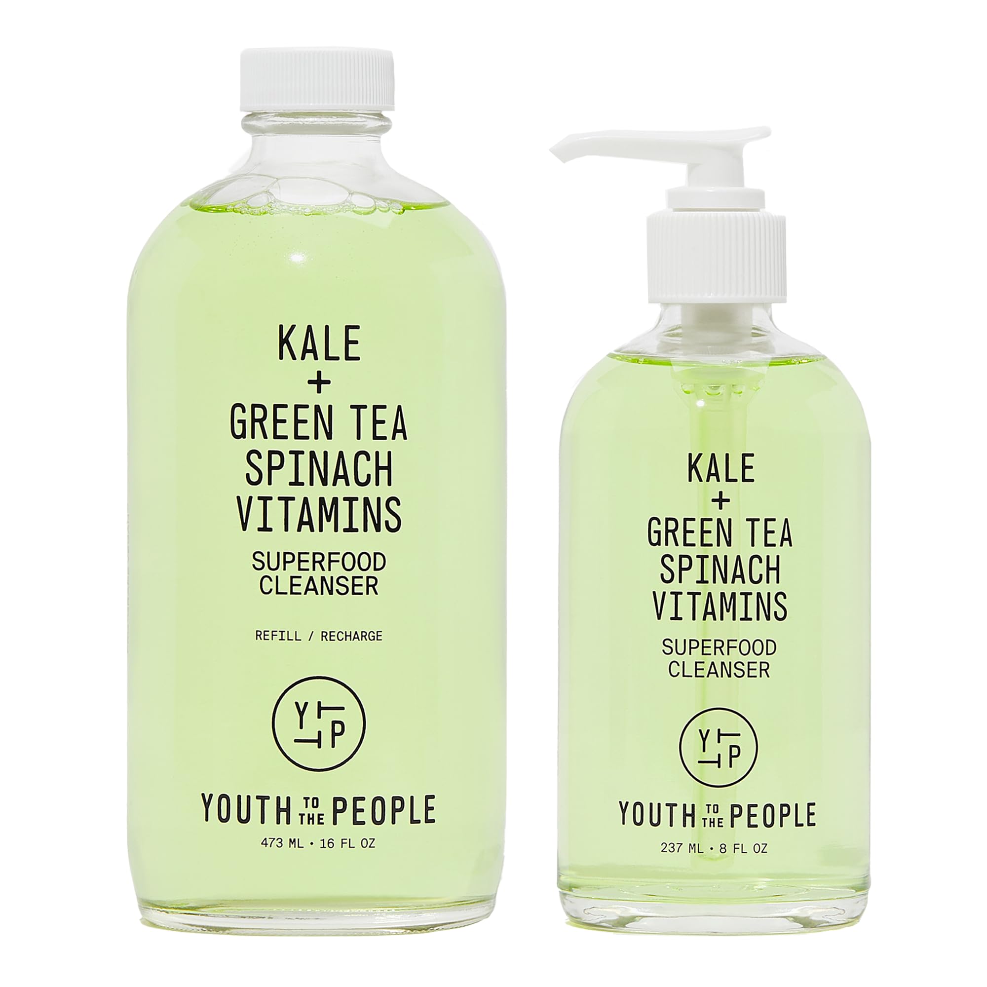 Youth To The People Superfood Cleanser Refill Kit - 8oz Pump Bottle + 16oz Refill - pH Balanced, Non-Drying Gel Face Wash + Makeup Remover for All Skin Types