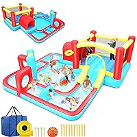 Inflatable Obstacle Bounce House Water Slides, 14.3FTx14.3FT Extra Large Waterslide Jumping Castle with Kids Swimming Pool, Water Slides, Basketball Hoop for Kids Backyard Big Party (Super Adventurer)