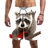 Rocking Racoon with Guitar Quick Dry Swim Trunks Men's Swimwear Bathing Suit Mesh Lining Board Shorts with Pocket, L