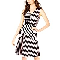Womens Mixed-Stripe Fit & Flare Dress, Pink, Large